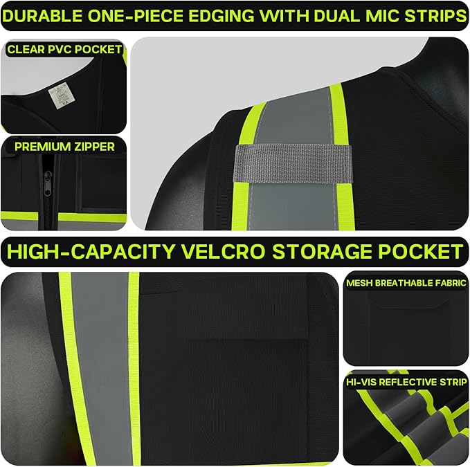 Safety Vest Customize Logo with 5 Pockets & Zipper Reflective High Visibility Vest Class 2 Outdoor Workwear