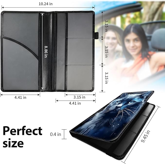 Car Registration and Insurance Holder, Leather Car Glove Box Organizer, Cool Car Accessories for ID, Driver's License Cards & Essential Document,business cards,Men&Women,Blue Cat