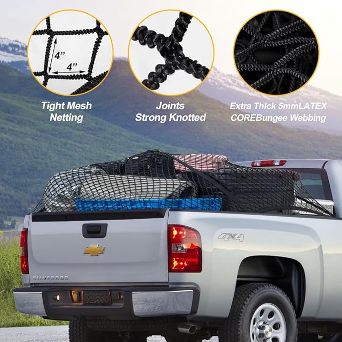 Heavy Duty Cargo Net for Pickup Truck Bed - Stretches from 4' x 4' to 7' x 7' - 8 Metal Carabiners - Compatible with Ford, Dodge RAM, Chevy, Toyota (4'x4' Feet)