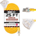IRON FORGE CABLE 25 Foot Lighted Outdoor Extension Cord with 3 Electrical Power Outlets - 12/3 SJTW Heavy Duty Yellow Extension Cable with 3 Prong Grounded Plug for Safety, 15 AMP