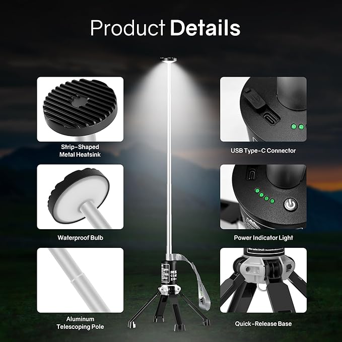 Rechargeable Camping Lantern — Adjustable Height Portable Light, Easy Setup for Camping, Backyard, Home & Emergency Use