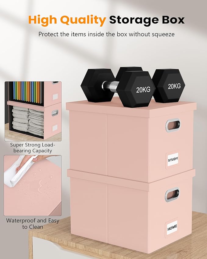 Oterri File Organizer Box with Lid, Portable Hanging File Box for Letter/Legal Files, Office/Decor/Home, Cream-pink (Leather), 1 Pack