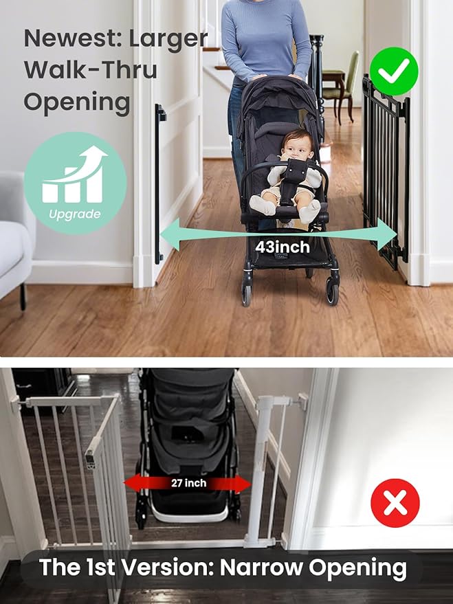 Grownsy No Bottom Bar Baby Gate for Stairs, Adjustable Width 29.8” to 43.5” for Child and Pet, Dog Gate with Auto-Close & Walk Through, Hardware-Mounted Install for Doorways and Indoor Use,Black