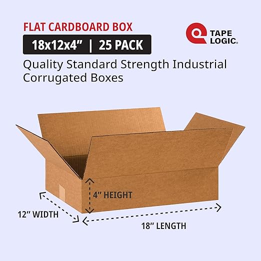 TAPE LOGIC 18 x 12 x 4 Corrugated Cardboard Boxes, Flat 18"L x 12"W x 4"H, Pack of 25 | Shipping, Packaging, Moving, Storage Box for Home or Business, Strong Wholesale Bulk Boxes