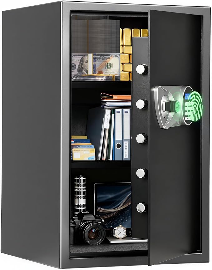 BlackSmith Large Biometric Safe 2.7 Cub Home Security Safe with Keys Keypad Lock Wall Mount Lock Box Secure Money Jewelry Valuables with Removable Shelves LED Light, Black