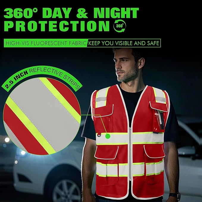 BeautyWill Custom Logo 10 Pockets Safety Vest Class2 ANSI Certified High Visibility Reflective Vest