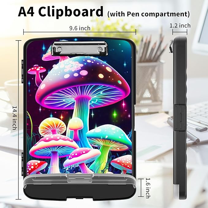 Clipboard with Storage High Capacity Plastic Nursing Clipboards with Pen Holder File Folder Storage Box Clipboard with Heavy Duty Clips for Teacher,Doctor,Offices-Pretty Mushroom