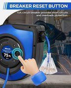 Retractable Cord Reel, 75 FT Heavy Duty Extension Cord, 14AWG/3C SJTOW, 3 Grounded Outlets Lighted Triple Tap, 10A Circuit Breaker, Wall/Ceiling Mounted, UL Listed, Blue U75CR06