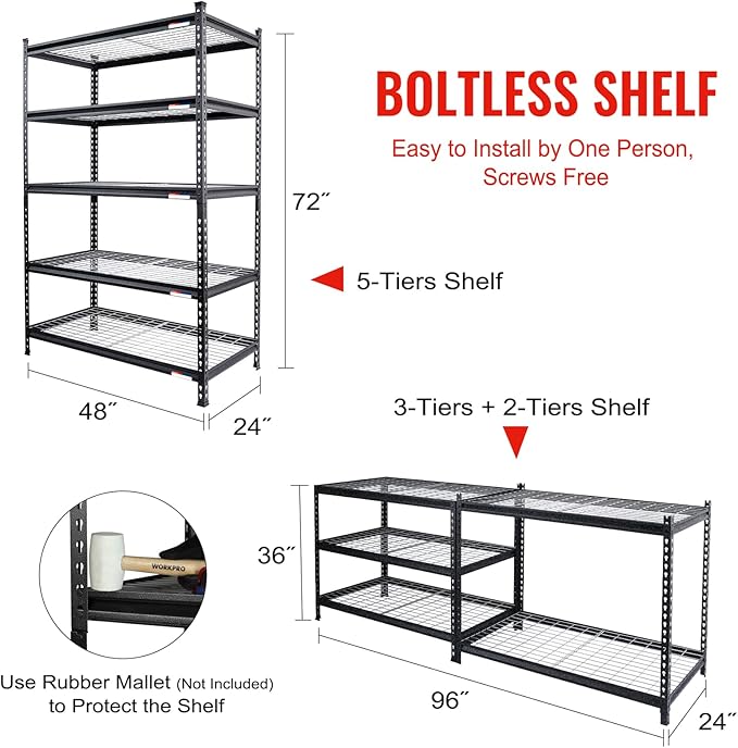 WORKPRO 5-Tier Metal Storage Shelving Unit, 48”W x 24”D x 72”H, Adjustable Storage Rack Heavy Duty Shelf, 4000 lbs Load Capacity (Total), for Garage, Kitchen, Bathroom, Warehouse, Black/Sliver, 2 Pack