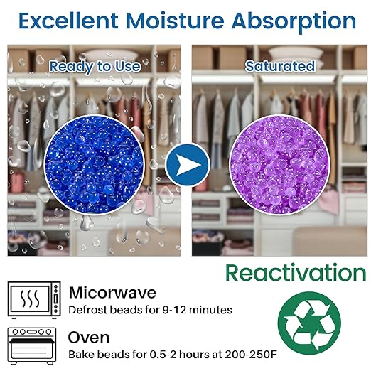 2 Sets 1000g Rechargeable Silica Gel Beads with 1 Cloth Bag, Indicating Blue Desiccants Beads [3-5mm] Moisture Absorber Desiccant Packs for Storage