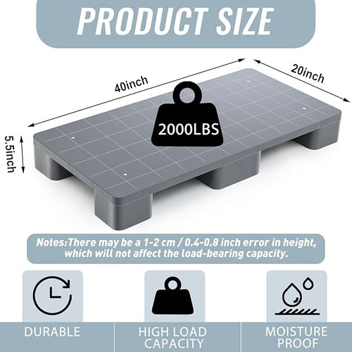 1 Pcs Plastic Pallet for Basement Storage Easy Stack Lightweight Floor Pallet Display Flooring Room Supermarket Christmas, Support up to 2000 Lbs (40'' L X 20'' W X 5.5'' H,Grey)