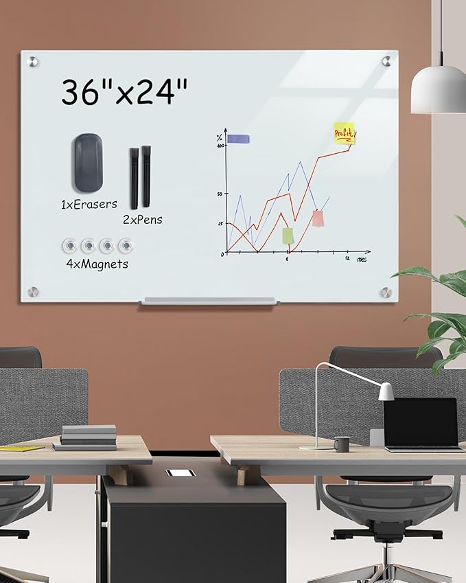Mifuro Magnetic Glass Whiteboard，36"x24" Wall Mounted Frameless Dry Erase Board for Office, Home & School White