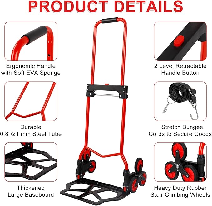 Foldable 6-Wheel Stair Climbing Dolly - 180Lbs Capacity, Telescopic Handle & Bungee Cord - Portable Hand Truck for Stairs, Moving & Deliveries