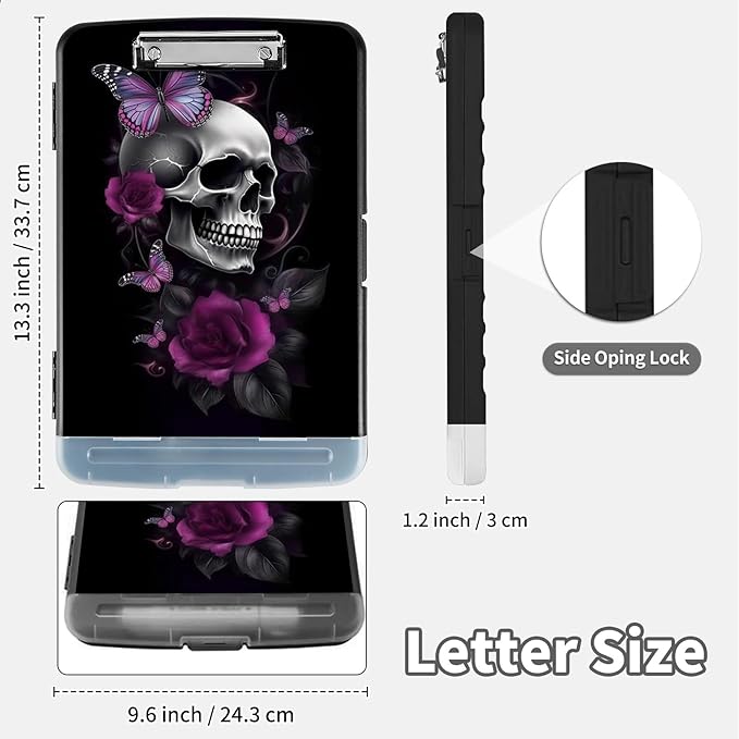 Clipboard with Storage,Clip Boards 8.5X11 with Storage & Pen Holder,Heavy Duty Plastic Nursing Clipboards Foldable,Coaches Clipboard Folder Case,School Office Supplies，Sugar Skull Butterlies Floral