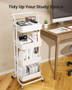 Pipishell 4 Tier Mesh Utility Cart, Rolling Metal Organization Cart with Handle and Lockable Wheels, Multifunctional Storage Shelves for Kitchen Living Room Office White, PIUC12W