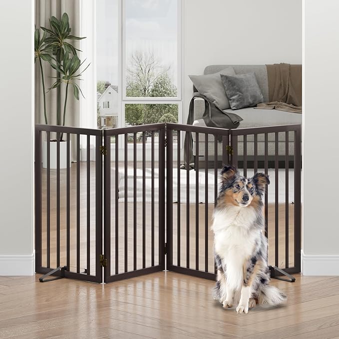 Dog Gates for Doorways, Tall Dog Gate Indoor, Foldable Pet Gates for Doorways Bedroom, Freestanding Puppy Gate with Metal Support Feet, Room Divider, 4 Panels (Brown)