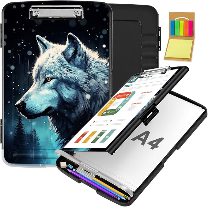 Clipboard with Storage,Office Supplies Nursing Clipboards Folder with Pen Holder Plastic Storage ClipBoard Foldable for Teacher Nurse,Misty Forest Wolf