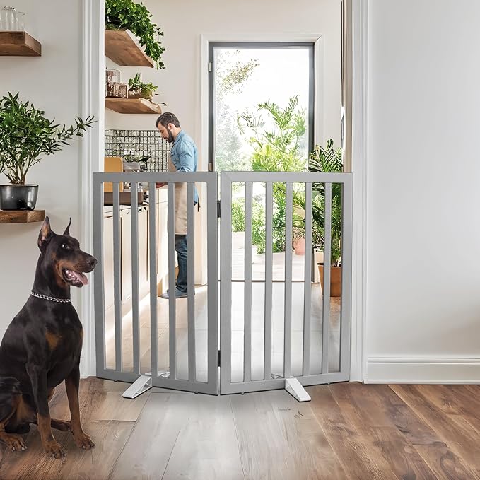 ZJSF Freestanding Indoor Dog Gate for House Foldable Wood Puppy Gate for Doorways Pet Gate for Stairs Extra Wide Pet Fence, Grey, 32" Height 2 Panels