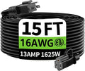 HUANCHAIN Indoor Outdoor Black Extension Cord 15 ft Waterproof, 16/3 Gauge Flexible Cold-Resistant Appliance Extension Cable Outside, 13A 1625W 16AWG SJTW, 3 Prong Electric Cord, ETL