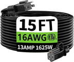 HUANCHAIN Indoor Outdoor Black Extension Cord 15 ft Waterproof, 16/3 Gauge Flexible Cold-Resistant Appliance Extension Cable Outside, 13A 1625W 16AWG SJTW, 3 Prong Electric Cord, ETL
