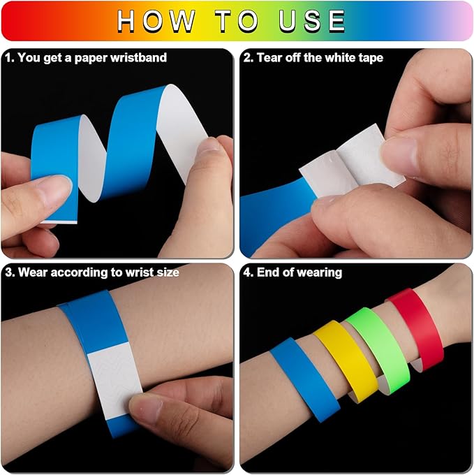 1200 Pcs Plastic Paper Wristbands for Events Neon Color Wrist Bands Concert Identification Wristbands Paper Bracelets Wristbands Party Hand Bands (Red, Orange, Yellow, Fluorescent Green, Blue, Pink)