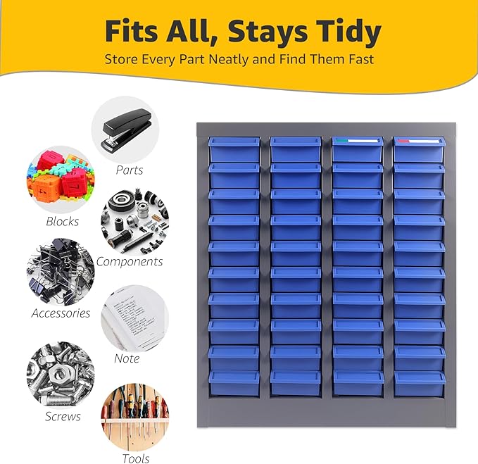 40 Drawer Parts Cabinet Organizer with Dividers and Labels, Alloy Steel Frame, ABS Drawers for Bolts, Nuts, Screws, Tool Storage in Workshop, Garage, or Classroom (40 Drews)