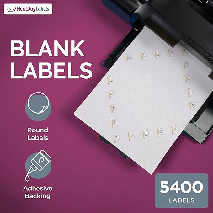 NextDayLabels – 3/4 Inch Round Labels - Round Sticker Labels for Printer - Matte White Blank Laser/Inkjet Printer Labels - Circle Stickers Printable Labels (50 Sheets, 108 Per Sheet, 5400 Labels)