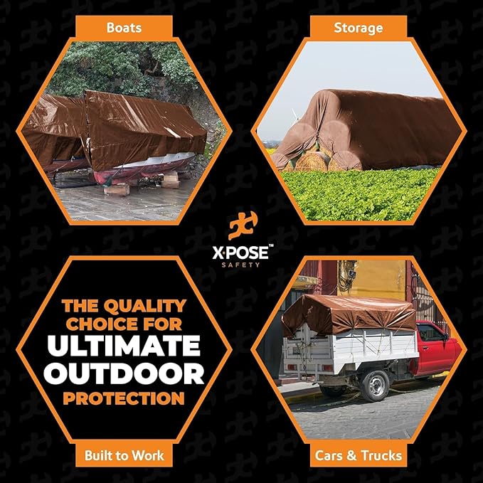 Super Heavy Duty Brown Poly Tarp 12' x 16' - Bulk Full Pallet (108 Pack) Thick Waterproof, UV Blocking Protective Cover - 16 Mil Thick Polyethylene - by Xpose Safety