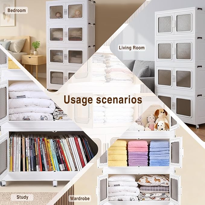 1200Qt Extra Large Stackable Storage Bin with Lid - 300Gal Heavy-Duty Plastic Collapsible Drawer with Wheels, Closet Storage Organizer for Clothes, Toys & Household Items, 4-Pack White