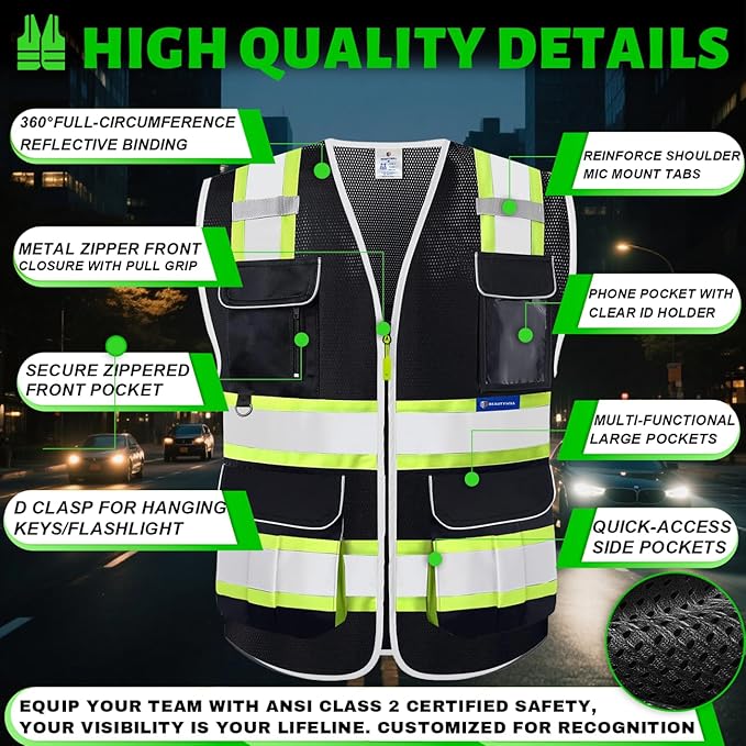 BeautyWill Safety Vest Class2 ANSI Certified Custom Logo High Visibility Reflective Vest for Men -10 Pockets Personalized Logo Heavy-Duty Work Vest（Mesh Black，M）