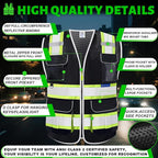 BeautyWill 5 Pack Safety Vest Class2 ANSI Certified Custom Logo High Visibility Reflective Vest for Men -10 Pockets Personalized Logo Heavy-Duty Work Vest（Mesh Black，XL）