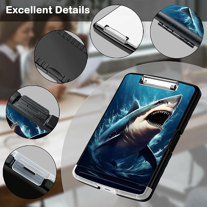 Clipboard with Storage,Office Supplies Nursing Clipboards Folder with Pen Holder Plastic Storage ClipBoard Foldable for Teacher Nurse,Shark in Sea