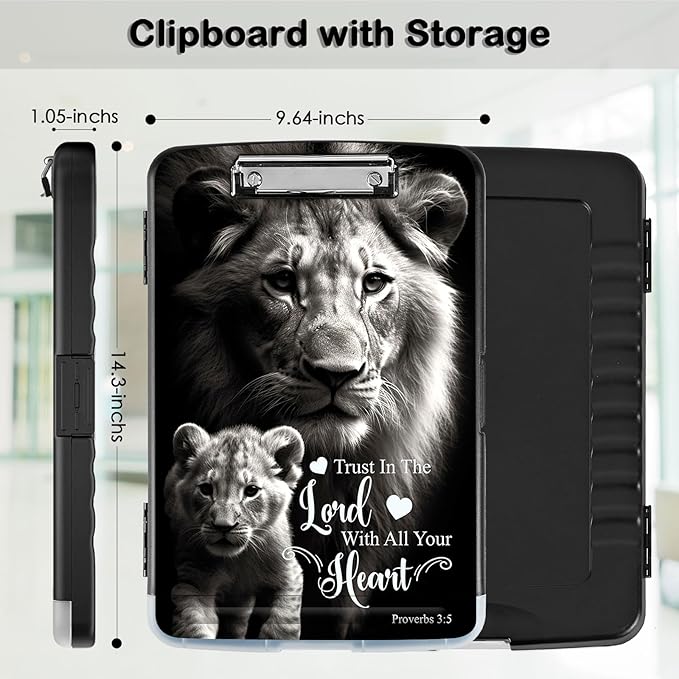Clipboard with Storage,Office Supplies Nursing Clipboards Folder with Pen Holder Plastic Storage ClipBoard Foldable for Teacher Nurse,Lion Proverbs 3:5