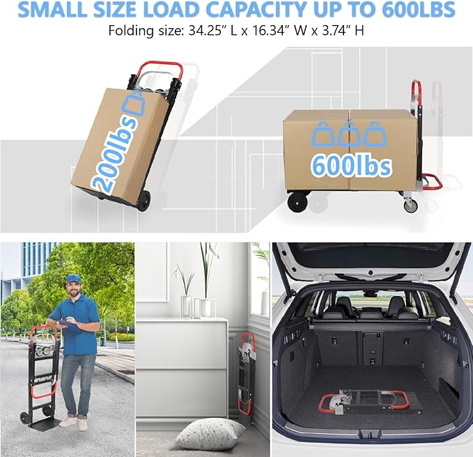 3 in 1 Convertible Hand Truck, Folding Hand Dolly Cart with Retractable Handle, 600LBS Heavy Duty Aluminum Hand Truck Dolly for Luggage, Shopping, Home, Office Moving