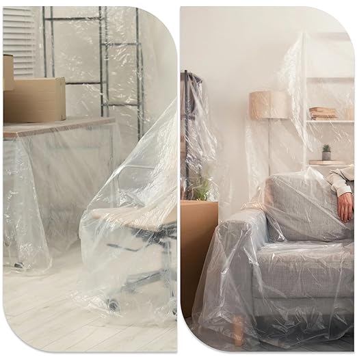 4 Rolls 8.8 x 65 Feet Plastic Sheeting Pre-Taped Masking Film Drop Cloth for Painting, Automotive Covering and Appliance Protection