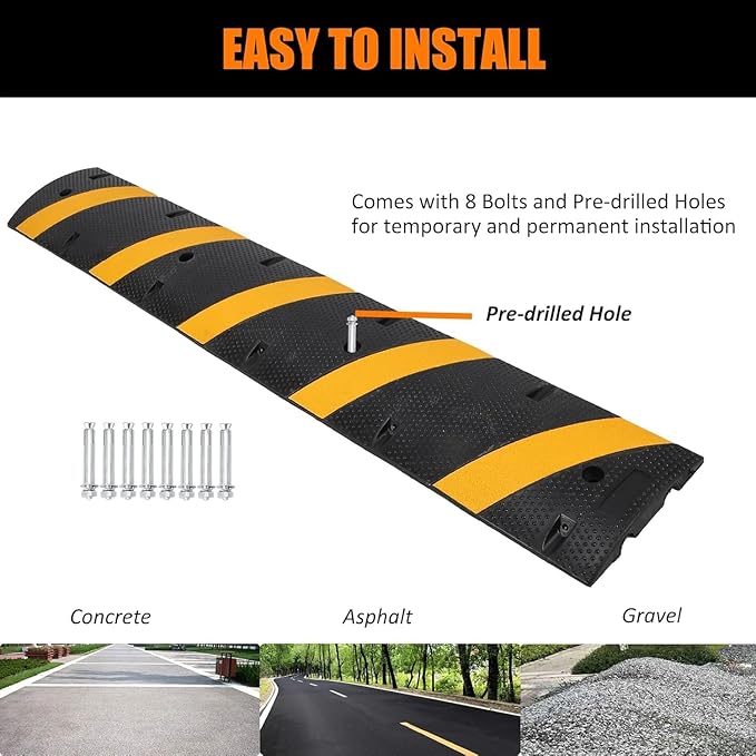 6FT Heavy Duty Recycled Rubber Speed Bump, 2 Pack 25,000 Lbs Capacity Modular Traffic Hump, 2 Channel Floor Cord Cover for Parking Lot, School, Warehouse, Durable & Portable
