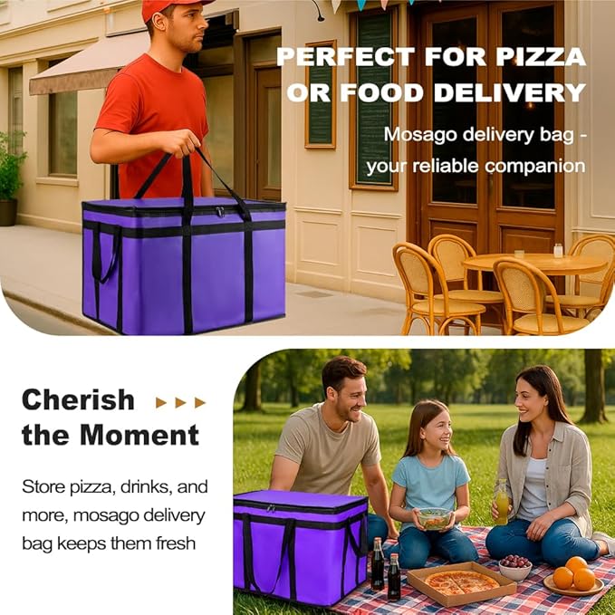 XXXL Insulated Food Delivery Bag - Reusable Thermal Cooler Grocery Bags for Catering & Delivery, Pizza Carrier for Events, Large Capacity Bag Keeps Food Hot/Cold for Shopping, Commercial (Purple, 1PK)