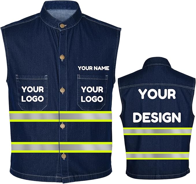 YOWESHOP Men's Reflective Safety Denim Vest，Custom Safety Outdoor Denim Work Vest with Hi-Vis Stripes for Night Commute