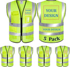 5 Pack Mesh Safety Vest Custom Logo Class 2 High Visibility Reflective Vest with Pockets Construction Security Work Vest（Yellow，XXL）
