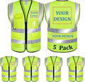 5 Pack Mesh Safety Vest Custom Logo Class 2 High Visibility Reflective Vest with Pockets Construction Security Work Vest（Yellow，XL）