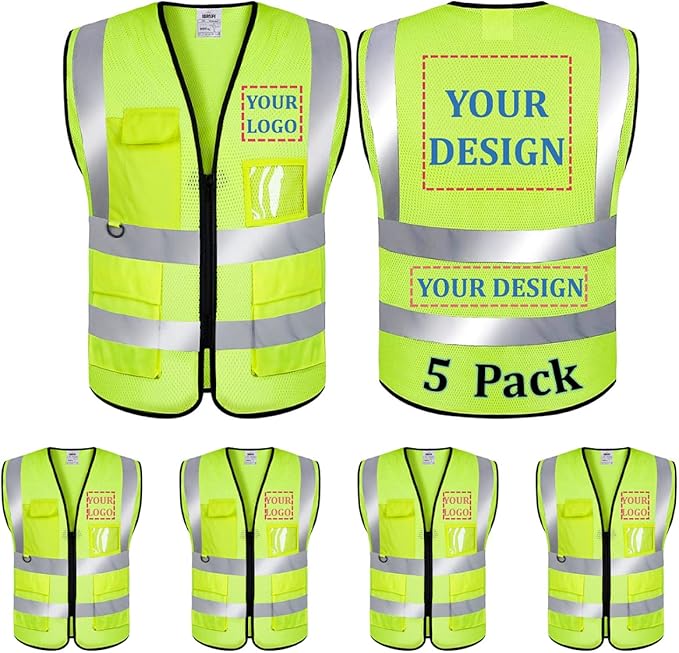 5 Pack Mesh Safety Vest Custom Logo Class 2 High Visibility Reflective Vest with Pockets Construction Security Work Vest（Yellow，L）