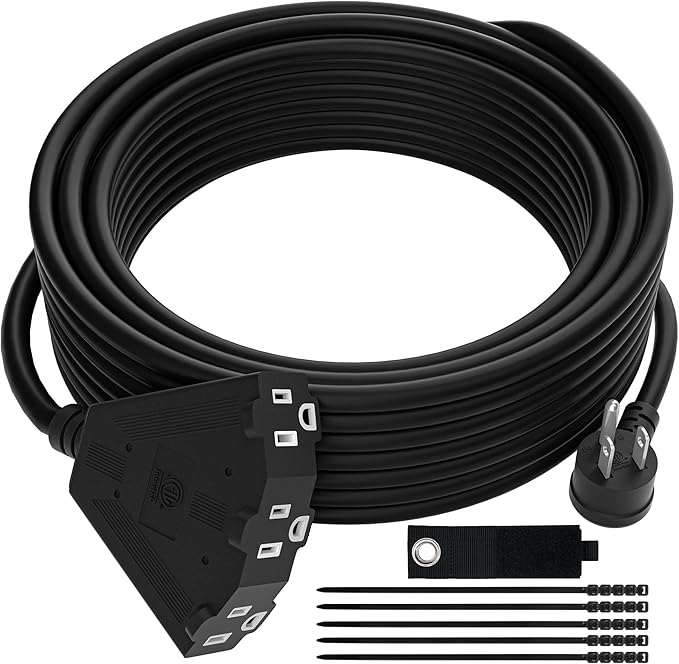 14/3 Gauge Heavy Duty Outdoor Extension Cord 10 FT, 90 Degree Angled 3 Prong Plug, 14 Gauge Power Cable with 3 Outlets, 14AWG, 15A, 125V, 1875W, ETL Listed, Black Wire, with Free Carrying Strap+Ties