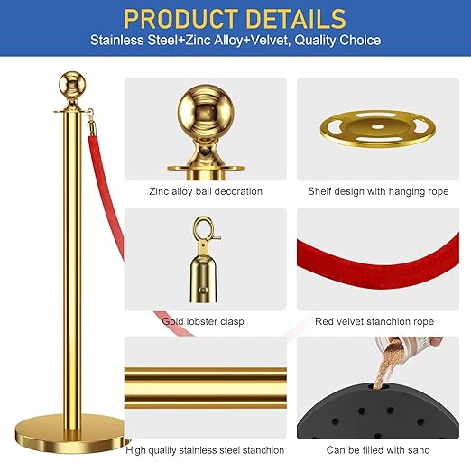 8 PCS Stanchions and Velvet Ropes, Gold Posts 5 Feet Crowd Control Barriers, Stainless Steel Poles for Red Carpet Themed Party Decoration (Golden)