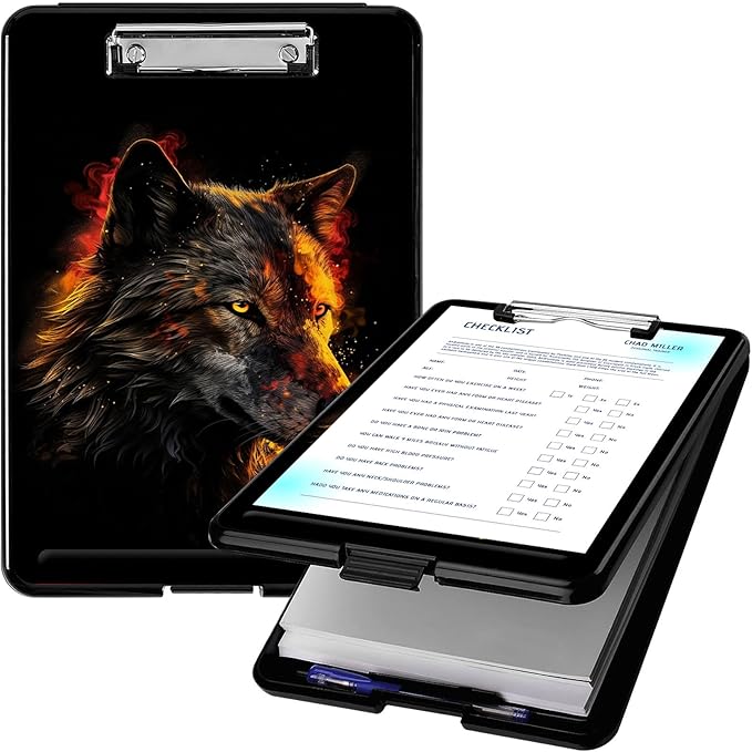 Clipboard with Storage, High Capacity Plastic Storage Clipboard with Pen Holder for Women Teachers Work, School & Office Supplies, Cute Pattern Decorative Clipboards, Wolf
