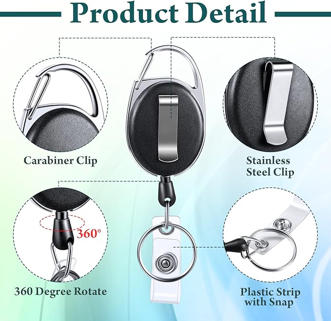 Laumoi Retractable ID Badge Holder Badge Reel with Belt Clip and Key Ring, Name ID Badge Clips Keychain for Office Worker Doctor Nurse Employee (80, Black)