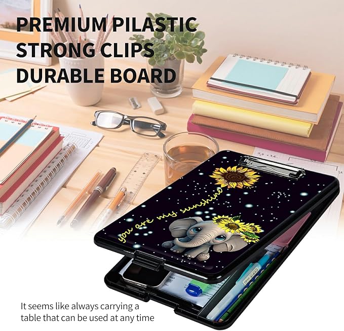 A4 Clipboards,Heavy Duty Waterproof Nursing Plastic Folder Clipboard with Storage Clip Boards,File Folder Storage Box Clipboard Case for Teacher,Doctor,Offices,Elephant Sunflower