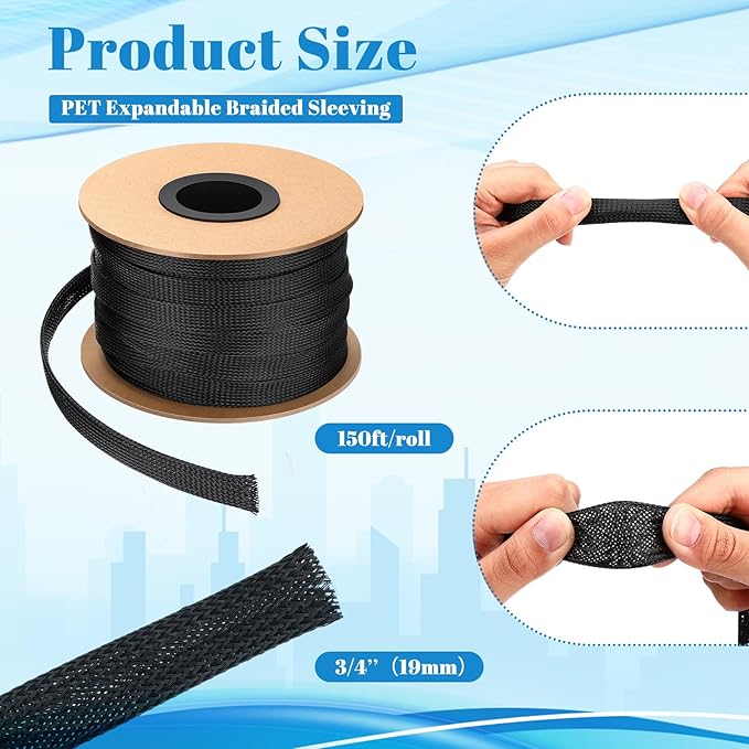 Pangda 150 Feet 3/4 Inch Wire Loom PET Expandable Braided Sleeving Braided Sleeve for TV, Computer, Home Theater (Black)