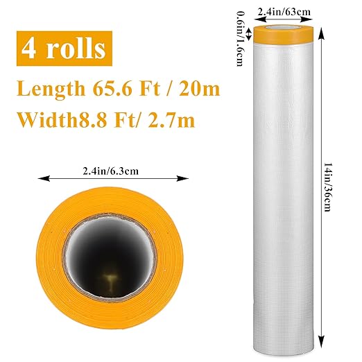 4 Rolls 8.8 x 65 Feet Plastic Sheeting Pre-Taped Masking Film Drop Cloth for Painting, Automotive Covering and Appliance Protection