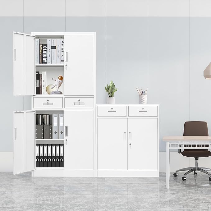 Metal Storage Cabinet, Locking Storage Cabinet with Adjustable Shelves and 2 Drawers, 16" D x 32" W x 71" H Steel Cabinets for Office, Garage, Home, Classroom, Utility Room(White)
