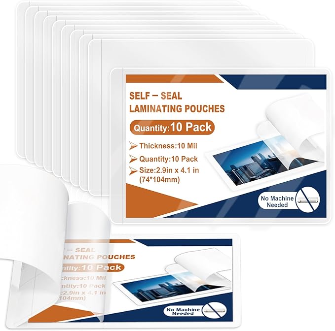 10 Pack 10 Mil 2.9"x4.1" Self Sealing Laminating Pouches Plastic Laminating Sheets Business Card Size Clear Lamination Paper for Office School Home Supplies（Waterproof & No Laminator Need)